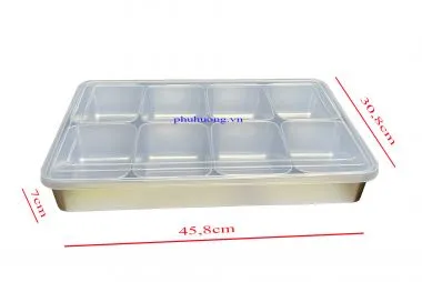 Khay inox đựng topping 8 ngăn kèm nắp