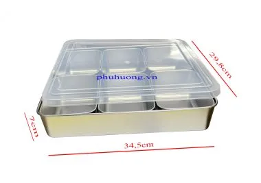 Khay inox đựng topping 6 ngăn kèm nắp