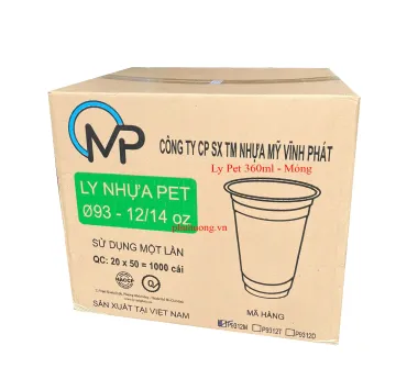 Ly nhựa Pet 12/14oz (Ly MT Mỏng ) - dùng nắp D93- Thùng 1000 cái 
