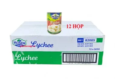 Vải ngâm nước đường Hosen 565g - Thùng 12 lon (vải thiều)