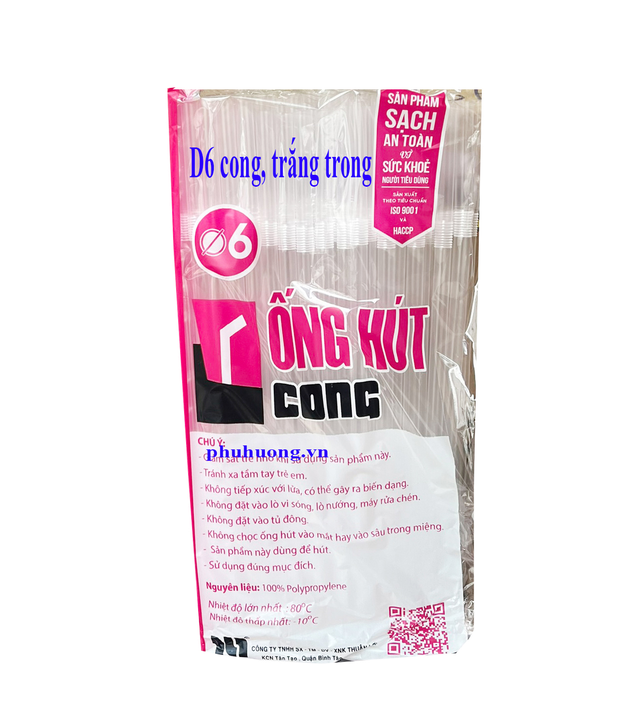 Ống hút D6 cong, trắng trong - túi 100 ống