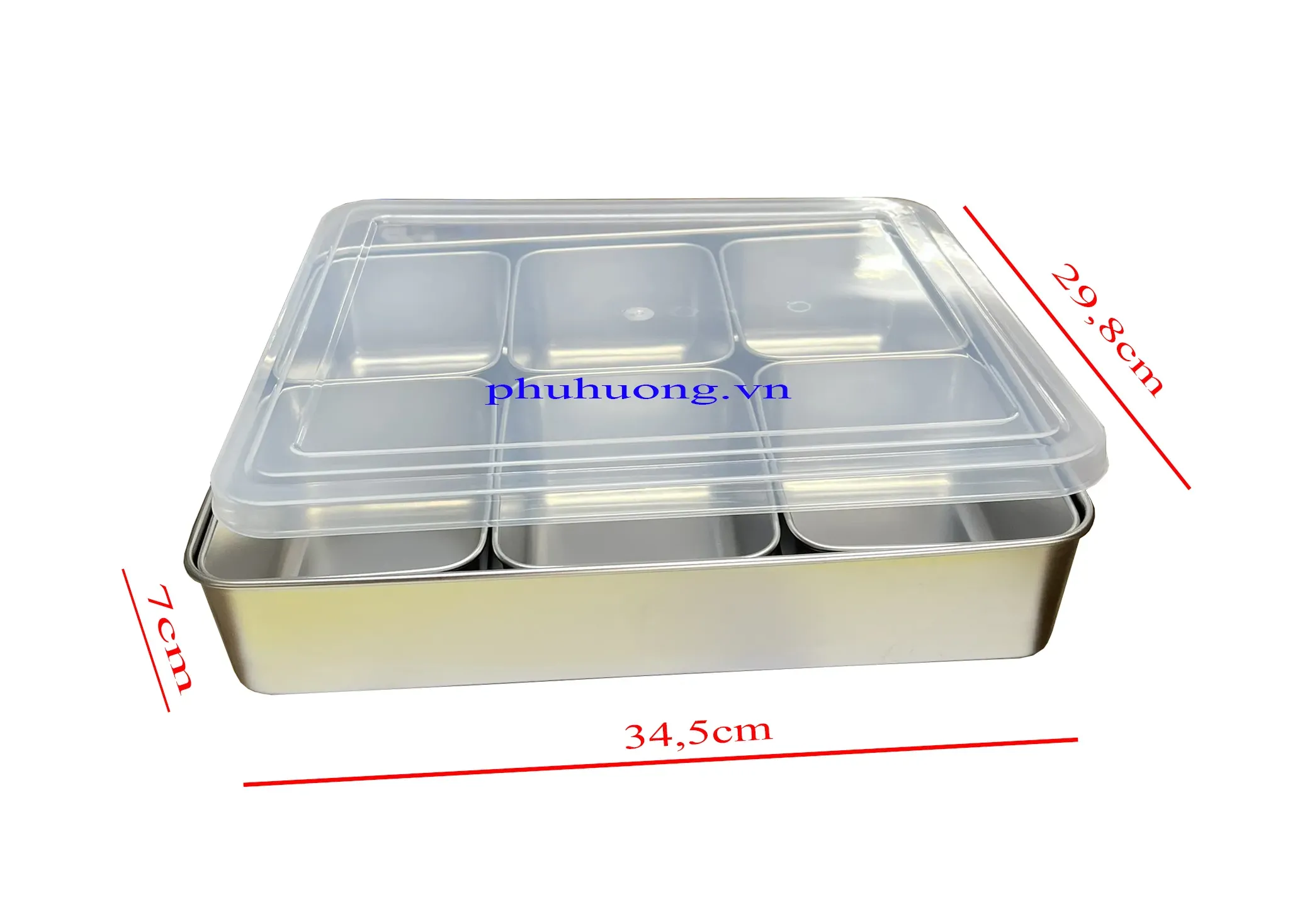 Khay inox đựng topping 6 ngăn kèm nắp