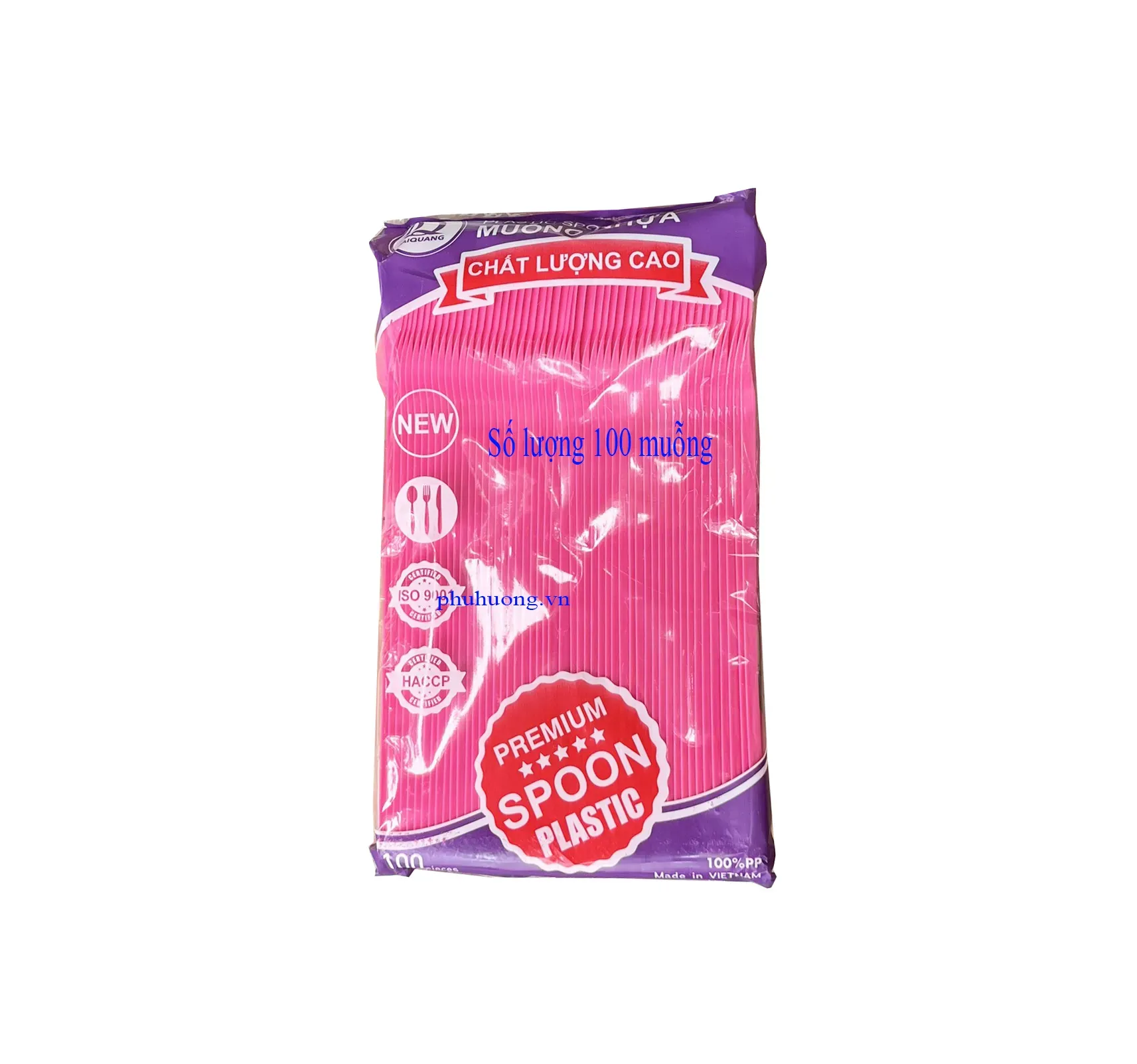 Muỗng cán dài 20cm màu hồng - dùng 1 lần, 50c/bịch
