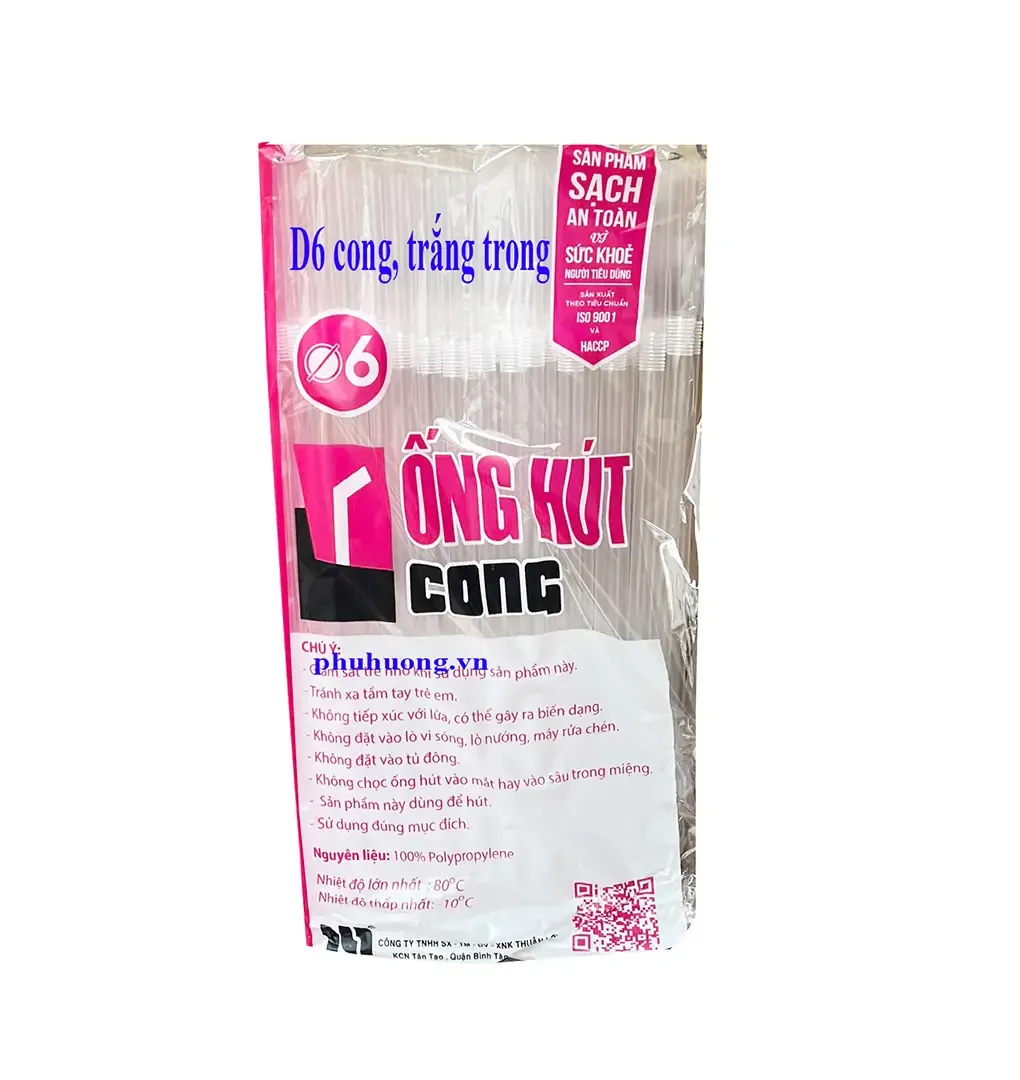 Ống hút D6 cong, trắng trong - Bao 100 bịch
