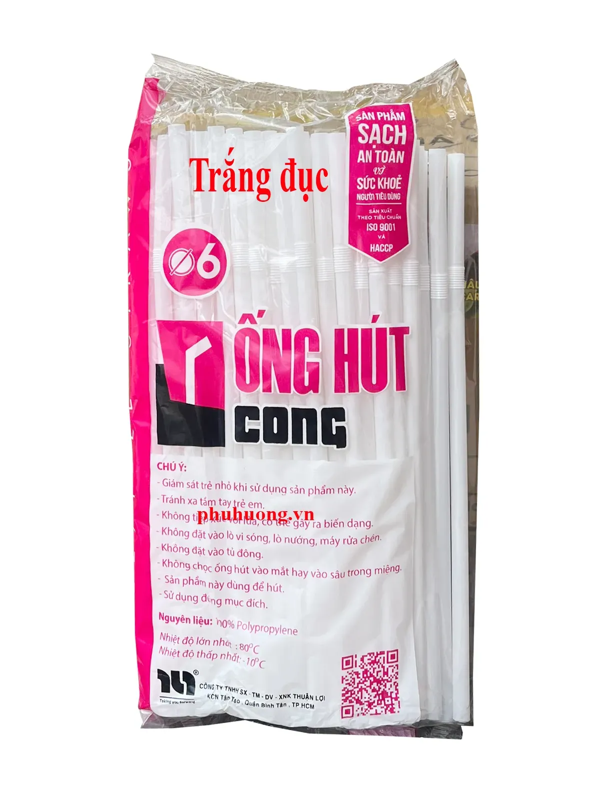 Ống hút D6 cong, trắng đục - túi 100 ống 