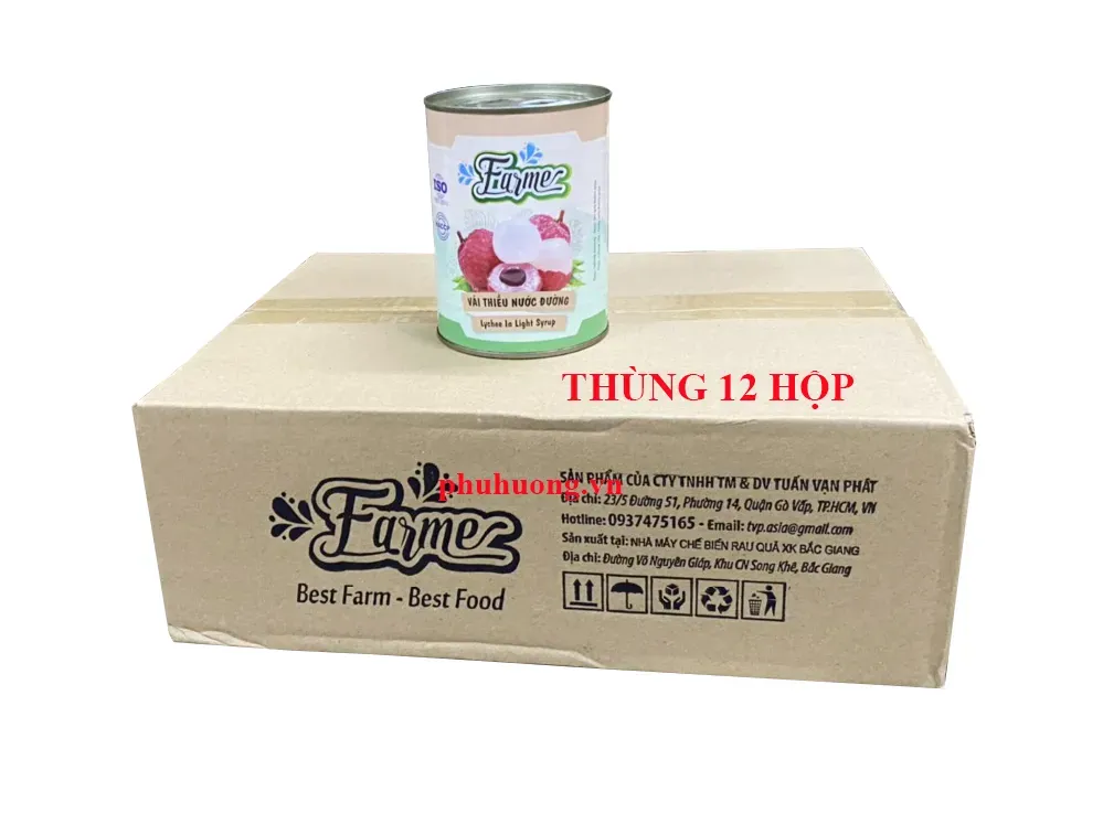 Farmer - Vải thiều nước đường đóng lon 20oz - Thùng 12 lon (vải ngâm)