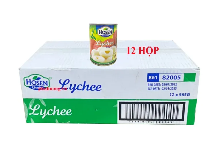 Vải ngâm nước đường Hosen 565g - Thùng 12 lon (vải thiều)