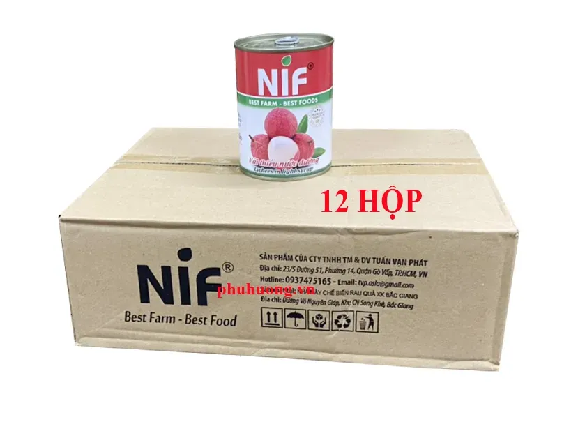 Vải thiều nước đường đóng lon Nif  - Thùng 12 lon (vải ngâm)  