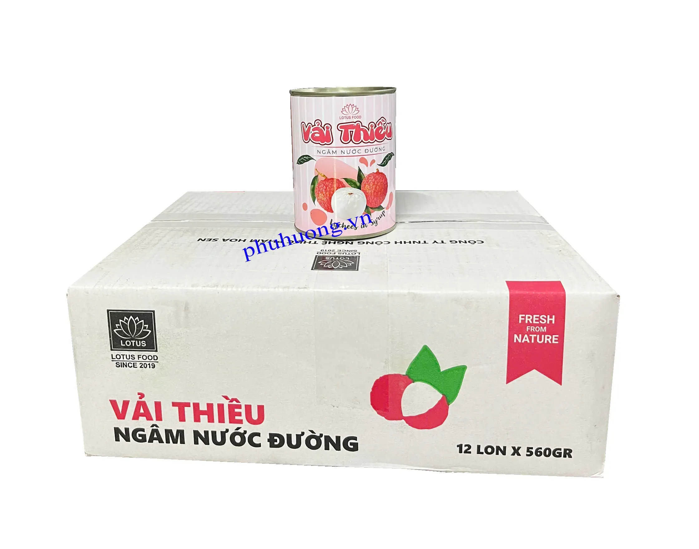 Vải thiều ngâm nước đường 560g Lotus Food - Thùng 12 lon (vải ngâm)