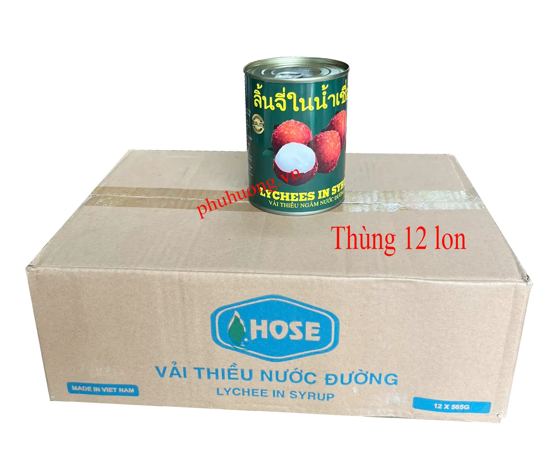 Vải thiều Thái Xanh ngâm nước đường  - Thùng 12 lon (vải ngâm)