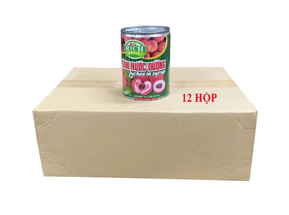 Vải ngâm nước đường Rich 565g - Thùng 12 lon (vải thiều)